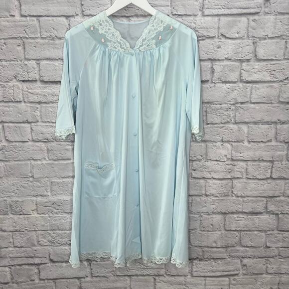 Vintage Shadowline Baby Blue Nylon Robe Lace Floral Trim Size S 37" long Button - Picture 1 of 6